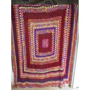Vintage Hand Crochet Granny Rainbow Squares Afghan Throw Blanket 58"x88"‎ Inches